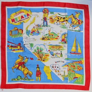 "Seltenes 1950er Jahre ""Colorful Nevada"" Souvenir Tuch, Seide und Viskose, keine Löcher oder Flecken, handrollierter Saum." Originalpreis 1,25 Dollar