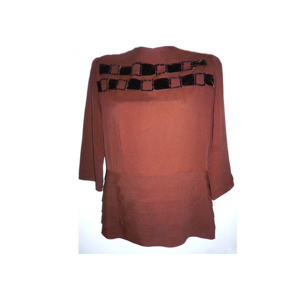 1940's Art Deco Brown Rayon Crepe Blouse with velvet and sequins-L