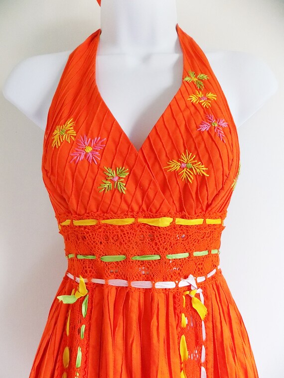 1960s-80s Boho Orange Mexican Sun Dress / Halter … - image 3