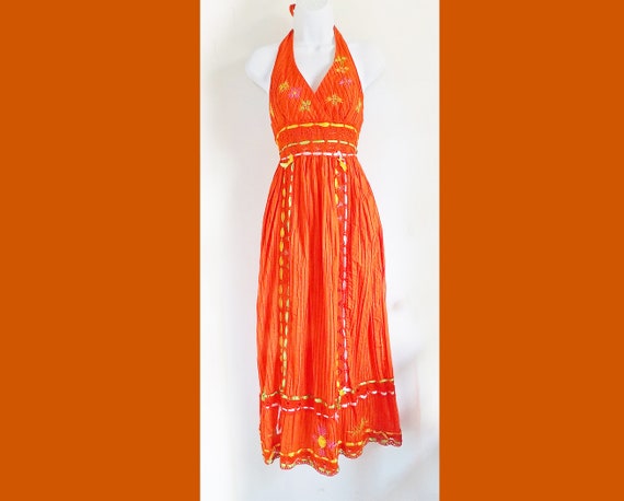 1960s-80s Boho Orange Mexican Sun Dress / Halter … - image 1