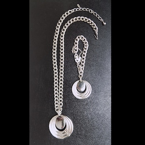 1960s MOD Matching Brutalist pendant and bracelet by MONET / safety chain / signed / silver tone / beatnik / Twiggy / Nehru / Unisex?
