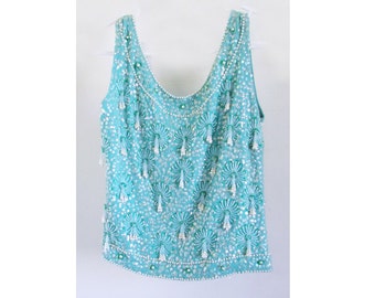 1960s Turquoise Beaded , sequined Go-Go Top/ Hong Kong / wool