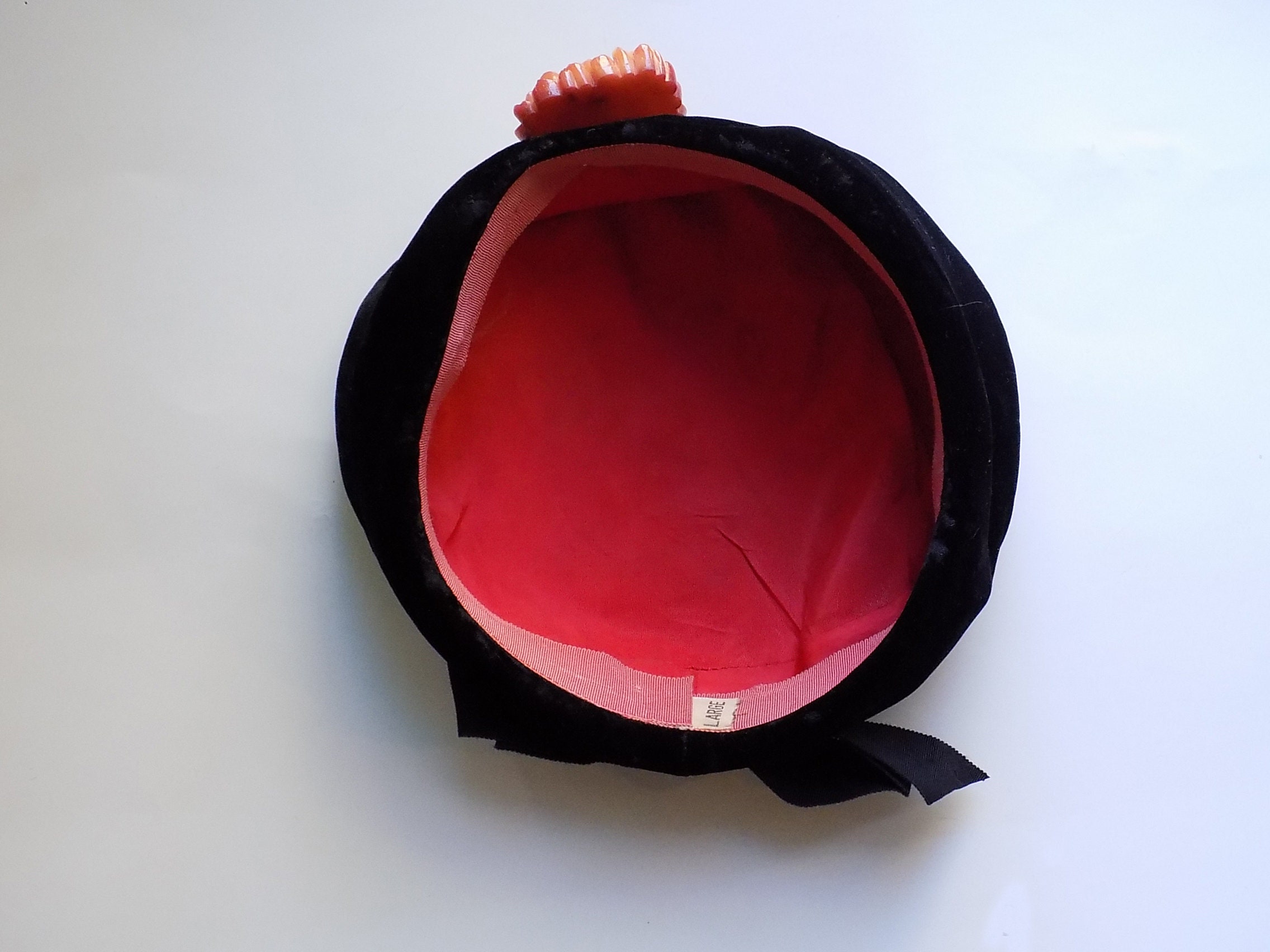 1960s Mod Black Velvet Hat With Plastic Flower Pin, Large 