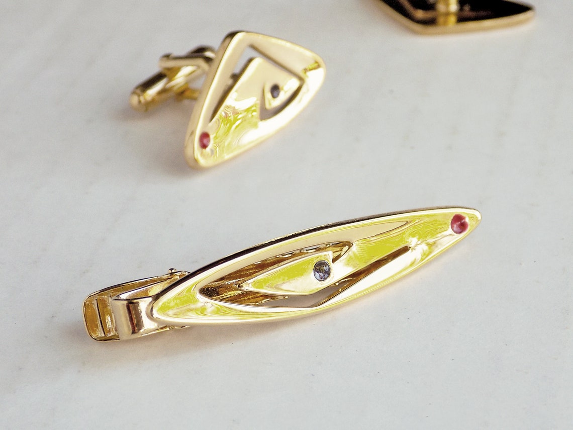 1950s Atomic Gold Plated Tie Bar and Matching Cufflinks by ANSON ...
