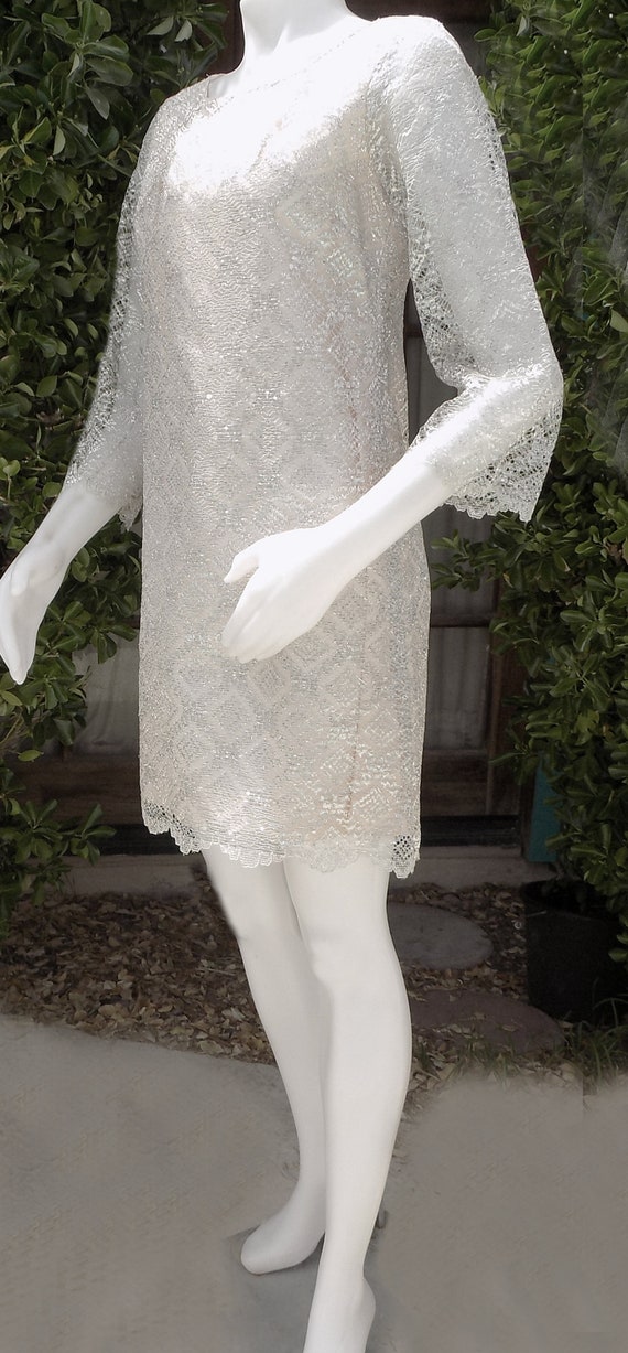 1960s silver mini dress with bell sleeves / weddi… - image 4