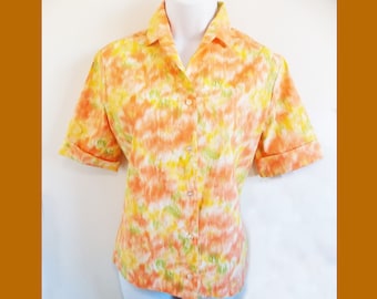 1950s-60s Cotton short sleeved print blouse / shirt by GRAFF /Rockabilly / orange/ yellow / white / green / abstract floral / painterly