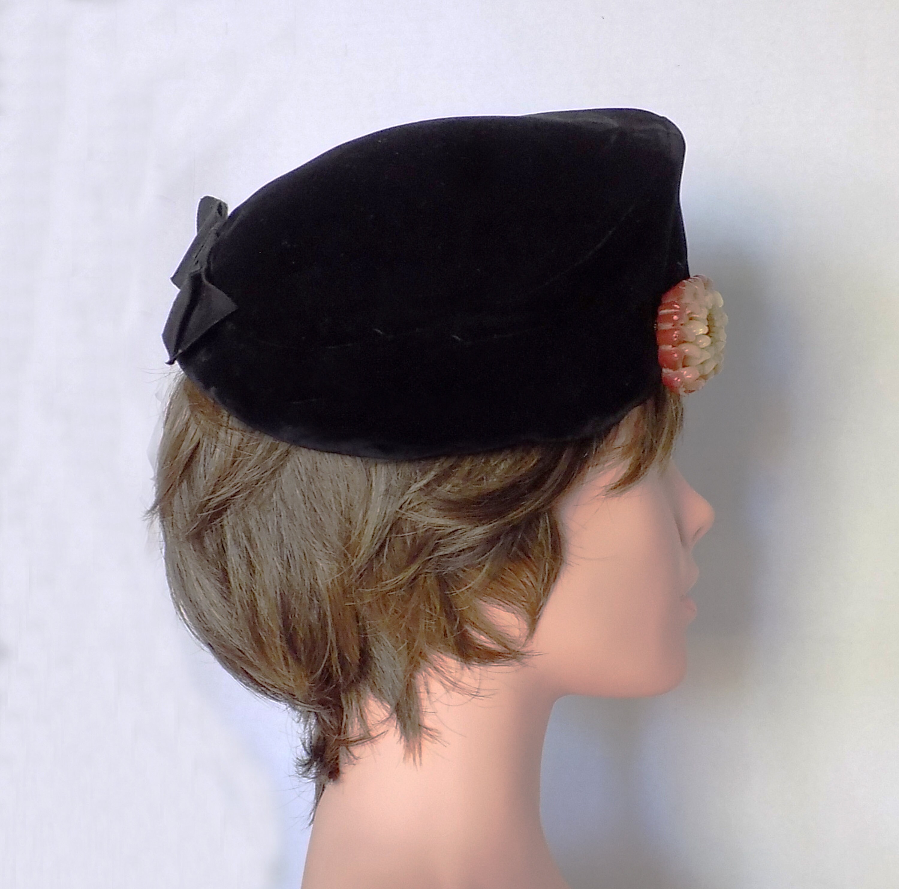 1960s Mod Black Velvet Hat With Plastic Flower Pin, Large 