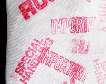 Novelty Hand stamped necktie with the words " Urgent", "Special Handling" , "RUSH", "Important", "Priority", "C. O. D." / silk