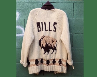 pre-1990s Hand Knitted Cowichan Cardigan with Buffalo "Dills" / One of a kind / Football fan / wool / Novelty