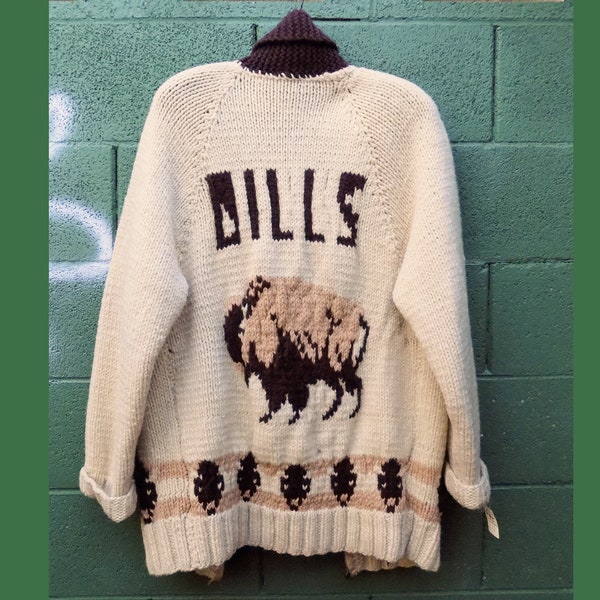 pre-1990s Hand Knitted Cowichan Cardigan with Buffalo "Dills" / One of a kind / Football fan / wool / Novelty