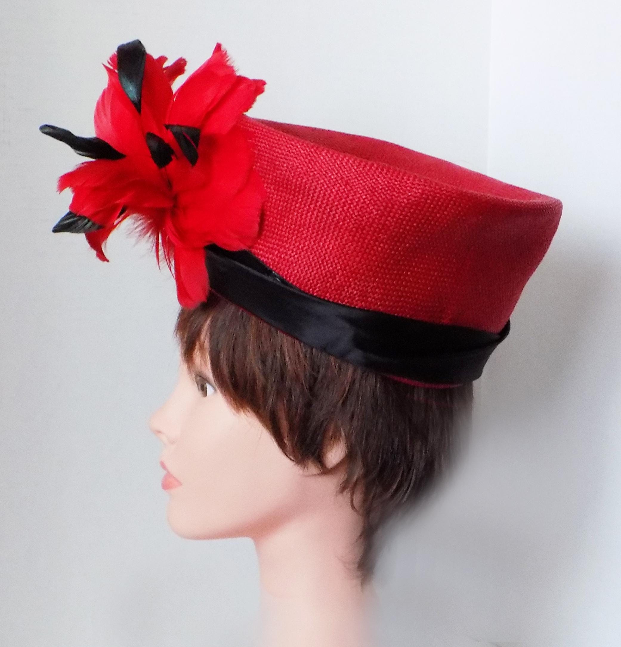 Vintage Mr Charles Red Feather Wool Hat fascinator Sunday best Vintage Hat / Red Pillbox With Black Feather Trim / Mr  main image 4