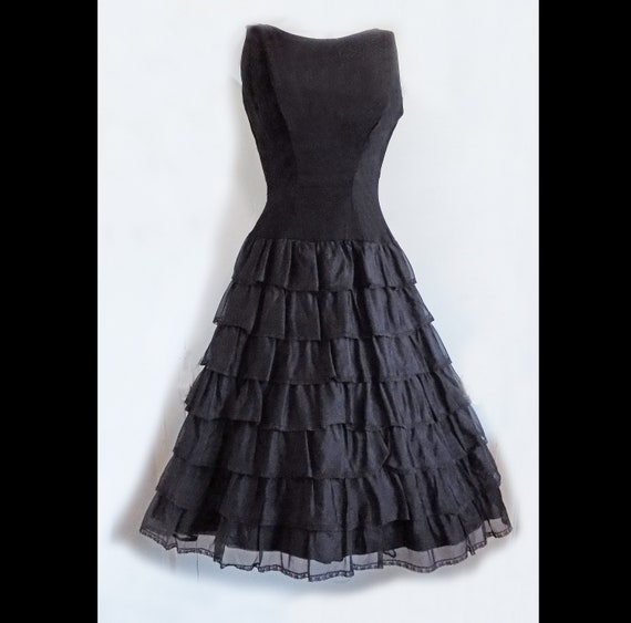 1950s Black Ruffle, Drop waist, Party Dress, Smal… - image 1