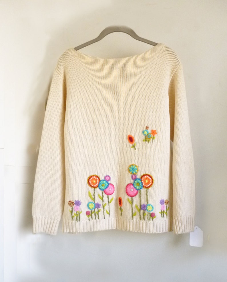 1960's MOD Boat Neck sweater designed by Len Wasser for Pant-Mate with hand embroidered flowers image 4