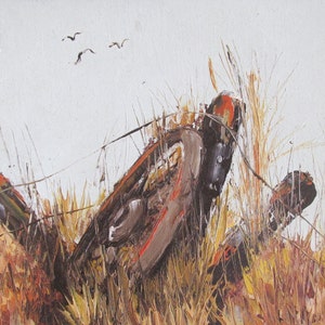 Mid century original oil painting of an old wheel and fence in field, by L. Keays