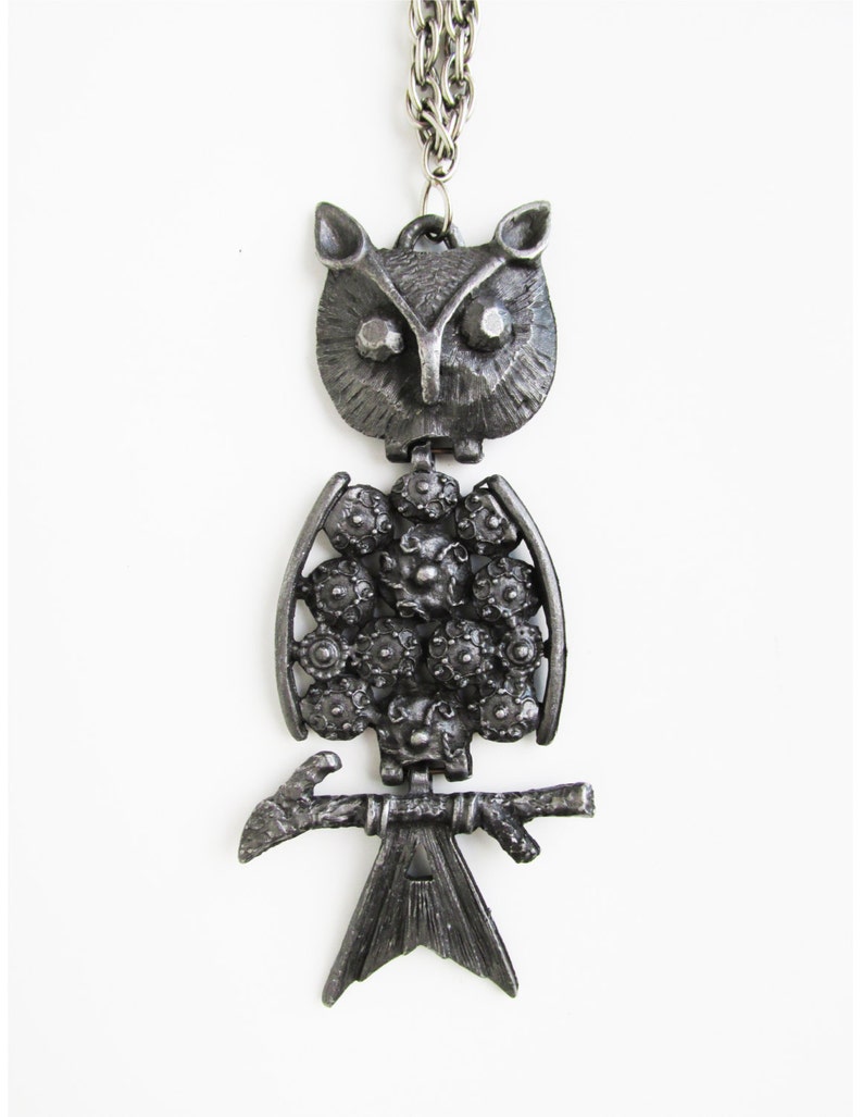 1960s Pewter Owl Pendant, kinetic, hinged image 2