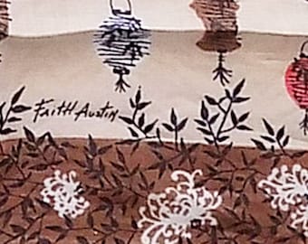 Década de 1950 FAITH AUSTIN diseñador novedad pañuelo de algodón con linternas chinas