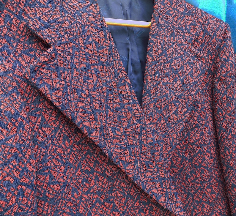 1970s ANCHOR MAN Disco sports coat / red and blue / Burgundy / wide lapel / Mr. B./ Las Vegas / rare label / 44 chest / lined image 1