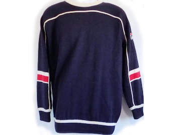 1990s FILA wool pullover, near mint, red white and navy blue, manufacturer care label, missing brand label.