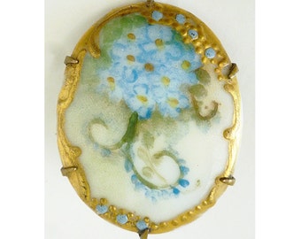 Antique Forget- Me- Nots hand painted miniature on porcelain Brooch / jewelry / pin /