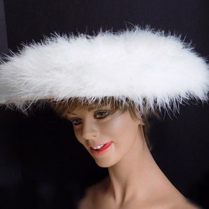 RARE 1950s Wide Picture Hat covered in White Malibu feathers / designed by Lora / partially restored / feathers / Glamour / runway /