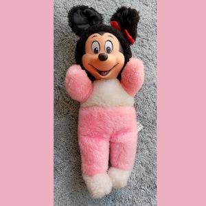 Vintage stuffed MINNIE MOUSE, Disney, original red silk hair bow, Made in Japan, 16" tall, soft rubber face