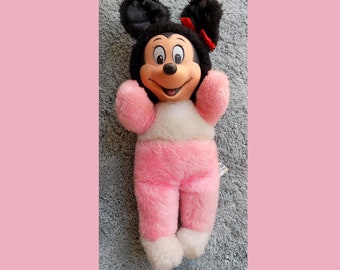 SOURIS MINNIE en peluche vintage, Disney, noeud pour cheveux en soie rouge original, fabriqué au Japon, 16 pouces de haut, visage en caoutchouc souple
