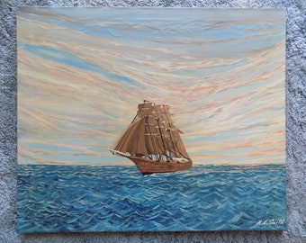 Vintage primitive oil painting of a ship at sea by A.E. SMITH, 24" x 20", unframed