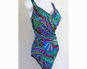 1980s Pin Up One Piece CATALINA bathing suit with metallic gold and multicolor design for full figure- L
