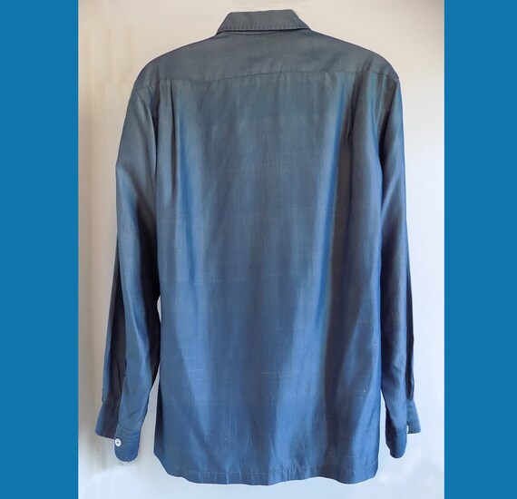 1940s-50s Blue silk shirt with white slubs, XL, m… - image 4