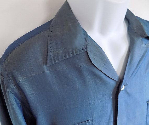 1940s-50s Blue silk shirt with white slubs, XL, m… - image 3