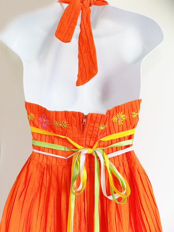 1960s-80s Boho Orange Mexican Sun Dress / Halter … - image 4