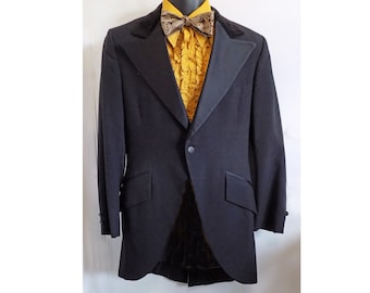 1970s RARE Morning Coat by After Six, Tuxedo tails, formal, small, near mint, black satin wide lapels, 38R