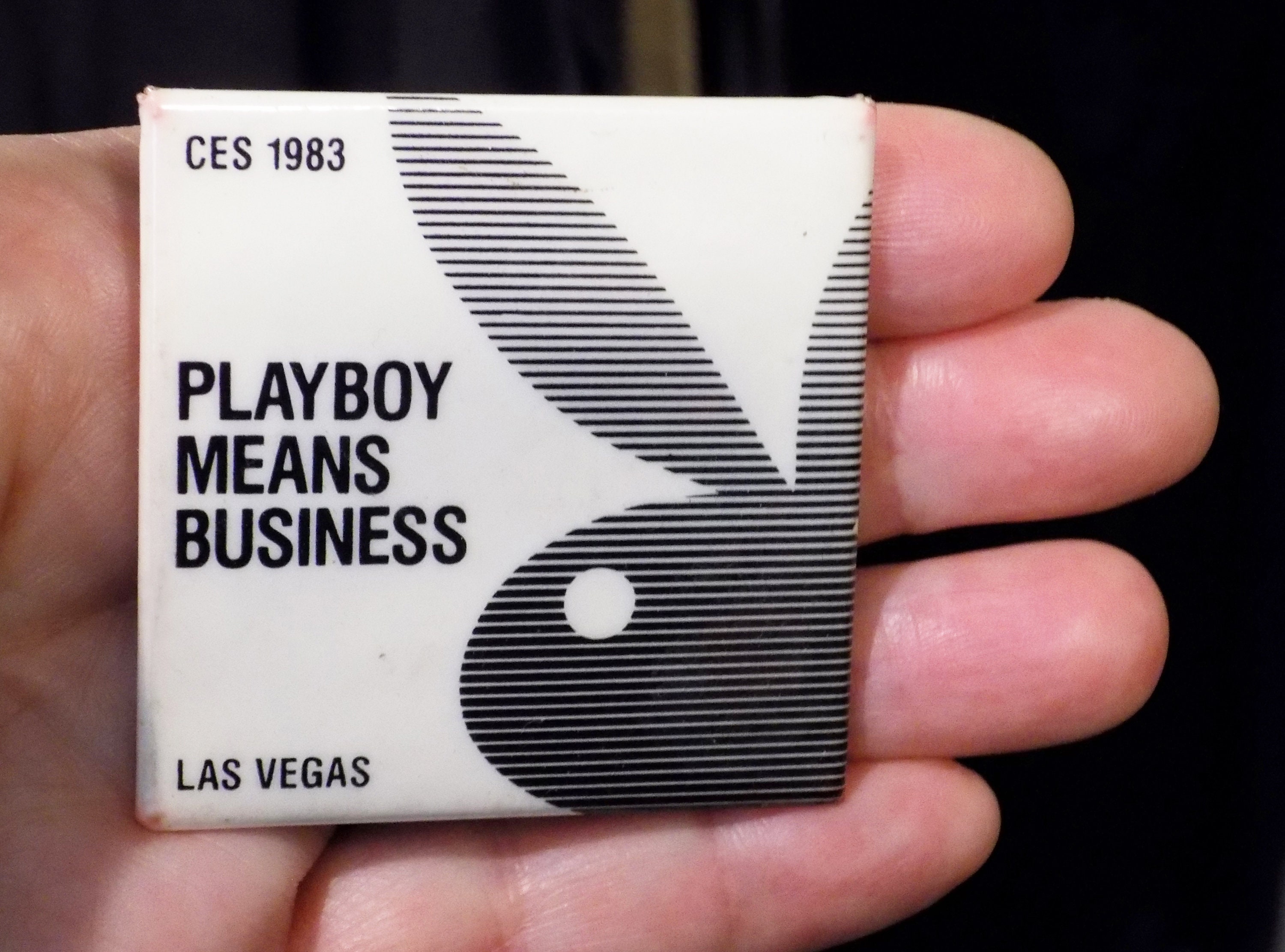 RARE 1983 CES in Las Vegas PLAYBOY pin , "Playboy Means Business" badge / square / black and white / 3" x 3 and an eighth inches