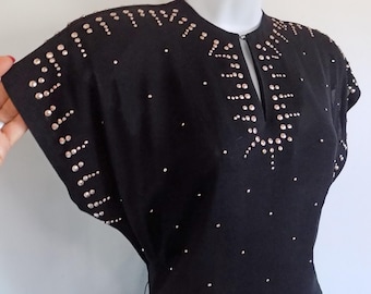 1930s-40s black rayon crepe floor length gown, hand-set brass studs, side metal zipper, small triangular shoulder pads, batwing, NO FLAWS!