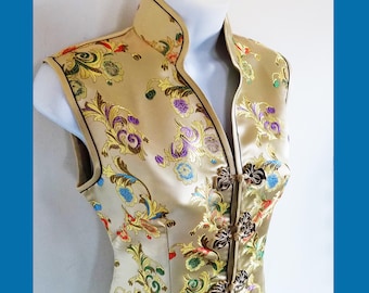 Vintage gold colored Cheongsam Chinese dress with unusual center front closure by LAOGUDAI, small
