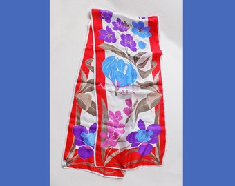 1950s-60s Vera Silk scarf / machine hemmed / made in Japan / blue/ red / purple / white / brown / floral / designer