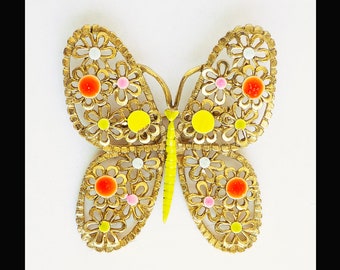 1960s Arthur Pepper (ART) enameled Butterfly Pin / brooch / signed / gold tone / neon pink / yellow / blue/ lime green / MOD / 2.25" tall