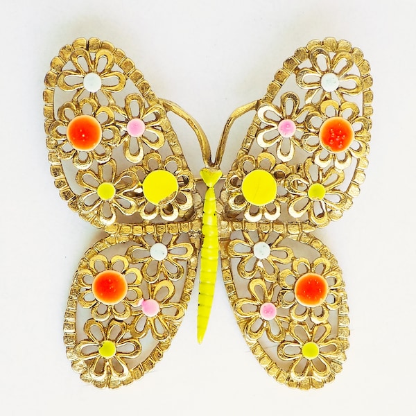 Années 1960 Arthur Pepper (ART) émaillé Butterfly Pin / broche / signé / ton or / rose néon / jaune / bleu / vert lime / MOD / 2.25 » de haut