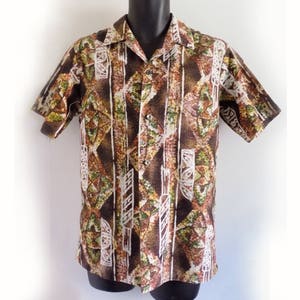 1950s Diamond Head Cotton Hawaiian shirt / Loop Collar / Waikiki / coconut buttons / Brown-Green-white / M /