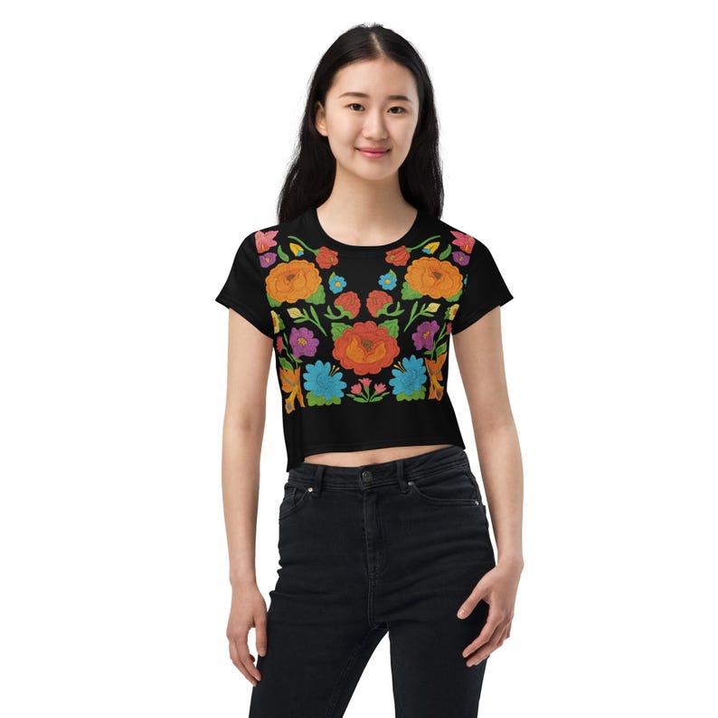 Huipil Embroidered Floral T-Shirt – Mexican Folk Art Inspired Shirt – Vibrant Cultural Heritage Tee – Roots & Reverie