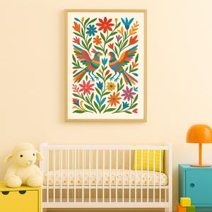 Colorful Otomi Folk Art Print –  Wall Art with Framed Birds & Flowers – Mexican Embroidery-Inspired Decor for Living Room or Nursery