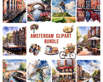 Amsterdam Watercolor Clipart Bundle, Dutch Travel Art (Digital Download)