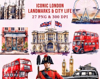London Clipart Bundle 27 PNG, British Landmarks Watercolor Clipart, UK Travel Icons for Posters, Digital Download