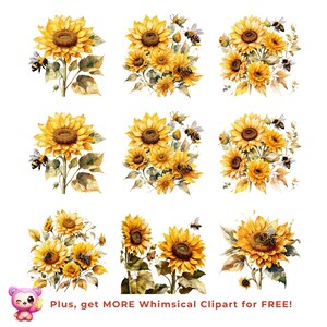 Sunflower Bees Clipart Bundle, Watercolor Floral PNG Set, Rustic Summer Botanical Graphics for Cricut, Sublimation & Print, Digital Download image 6
