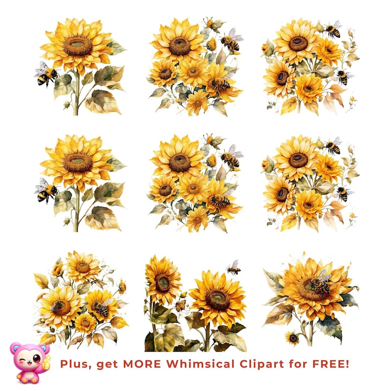 Sunflower Bees Clipart Bundle, Watercolor Floral PNG Set, Rustic Summer Botanical Graphics for Cricut, Sublimation & Print, Digital Download image 6