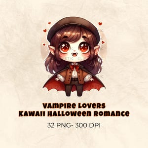 32 Kawaii Vampire Halloween Clipart PNG, Cute Romantic Love-Themed Pastel Characters for Stickers, Crafts, Sublimation, Commercial Use