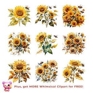 Sunflower Bees Clipart Bundle, Watercolor Floral PNG Set, Rustic Summer Botanical Graphics for Cricut, Sublimation & Print, Digital Download image 8