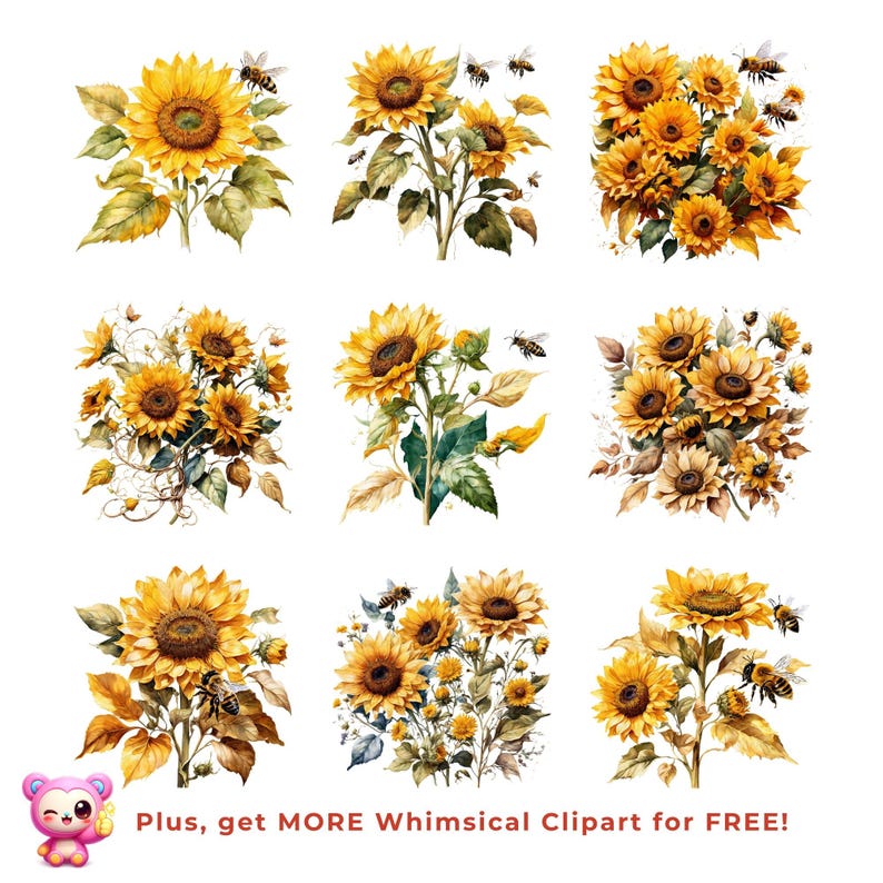 Sunflower Bees Clipart Bundle, Watercolor Floral PNG Set, Rustic Summer Botanical Graphics for Cricut, Sublimation & Print, Digital Download image 8