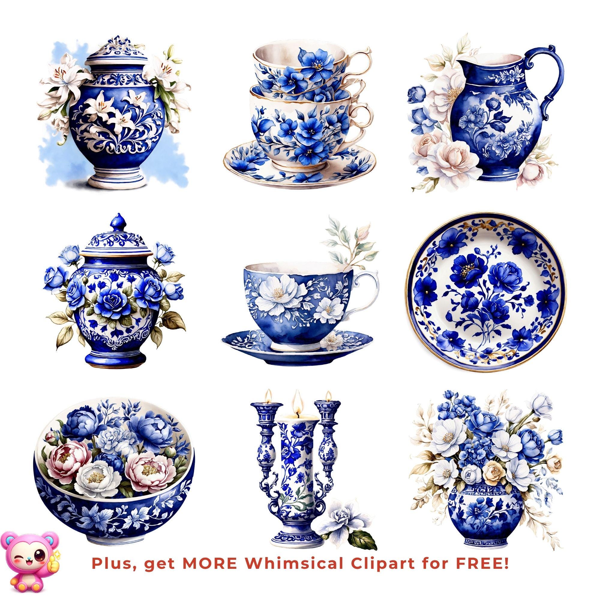 Blue Floral Porcelain Clipart Bundle, Vintage Delft Style China PNG Set ...