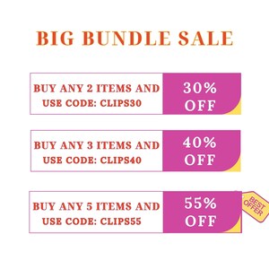 May include: A promotional graphic with the text "BIG BUNDLE SALE" in orange. It features three rectangular banners offering discounts: Buy 2 items, get 30% off; Buy 3 items, get 40% off; Buy 5 items, get 55% off. Each banner includes a unique code.